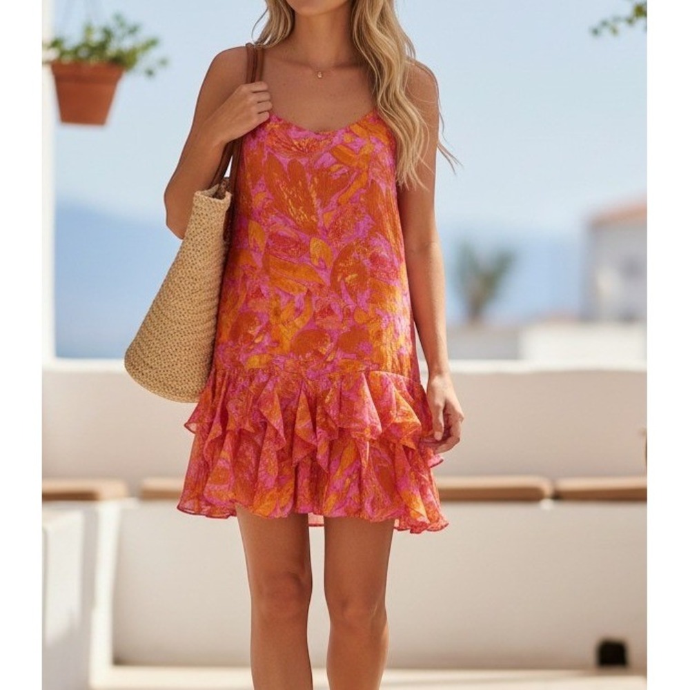 Gillian Women's Silk Mini Dress Pink Orange Tropical Paisley Ruffle Hem Size 12